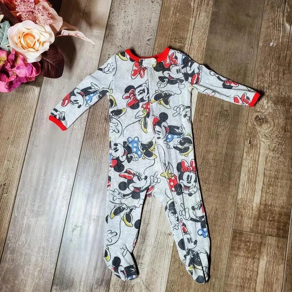 Disney Baby Minnie Mouse Gray Baby Girl Footed Pajamas Size 3-6M